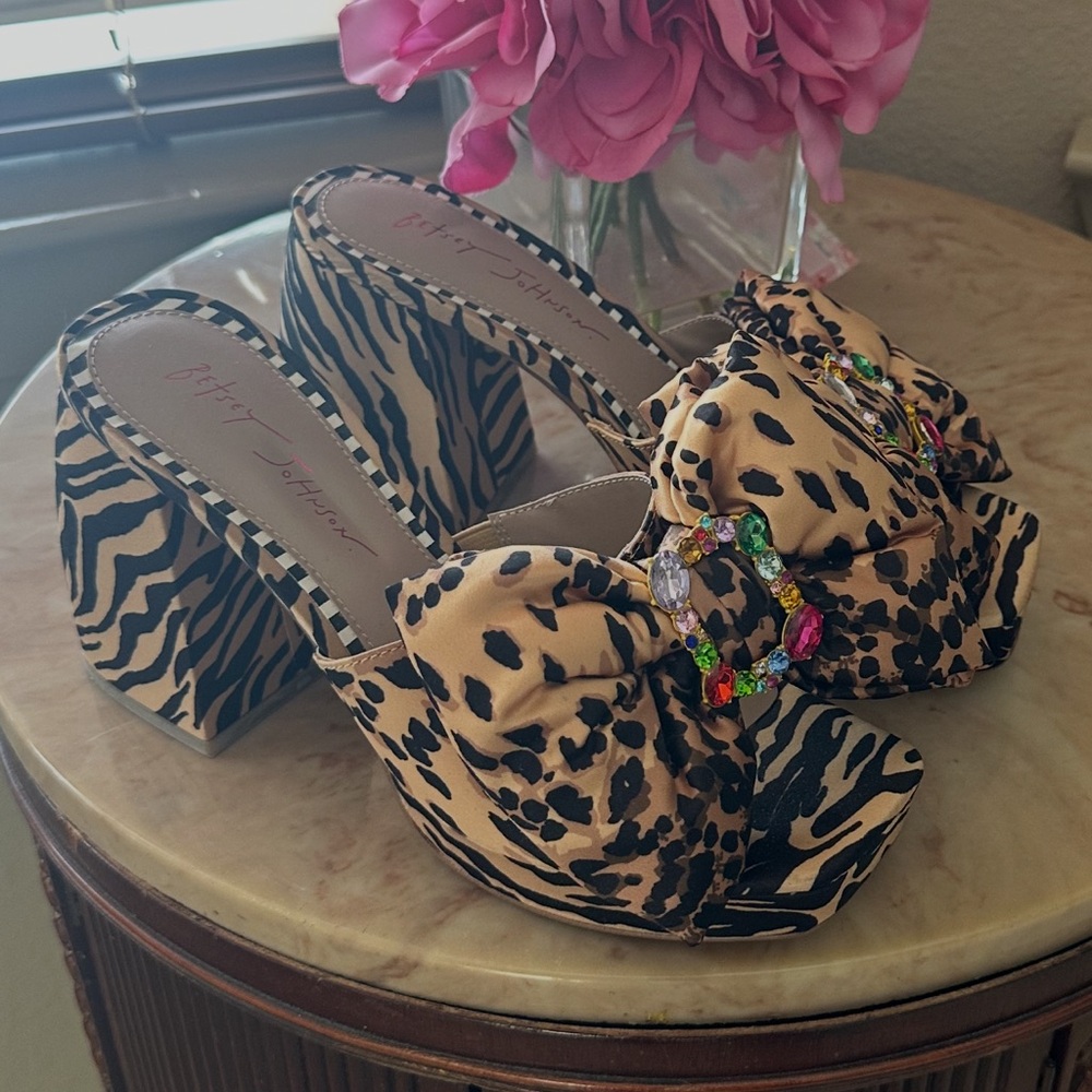 Betsey Johnson Animal Print Sandals with Jewel Accents